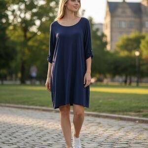 Lily Pulitzer Navy Sheath Dress Sz M 3/4 Sleeves With Button Closure Boat Neck